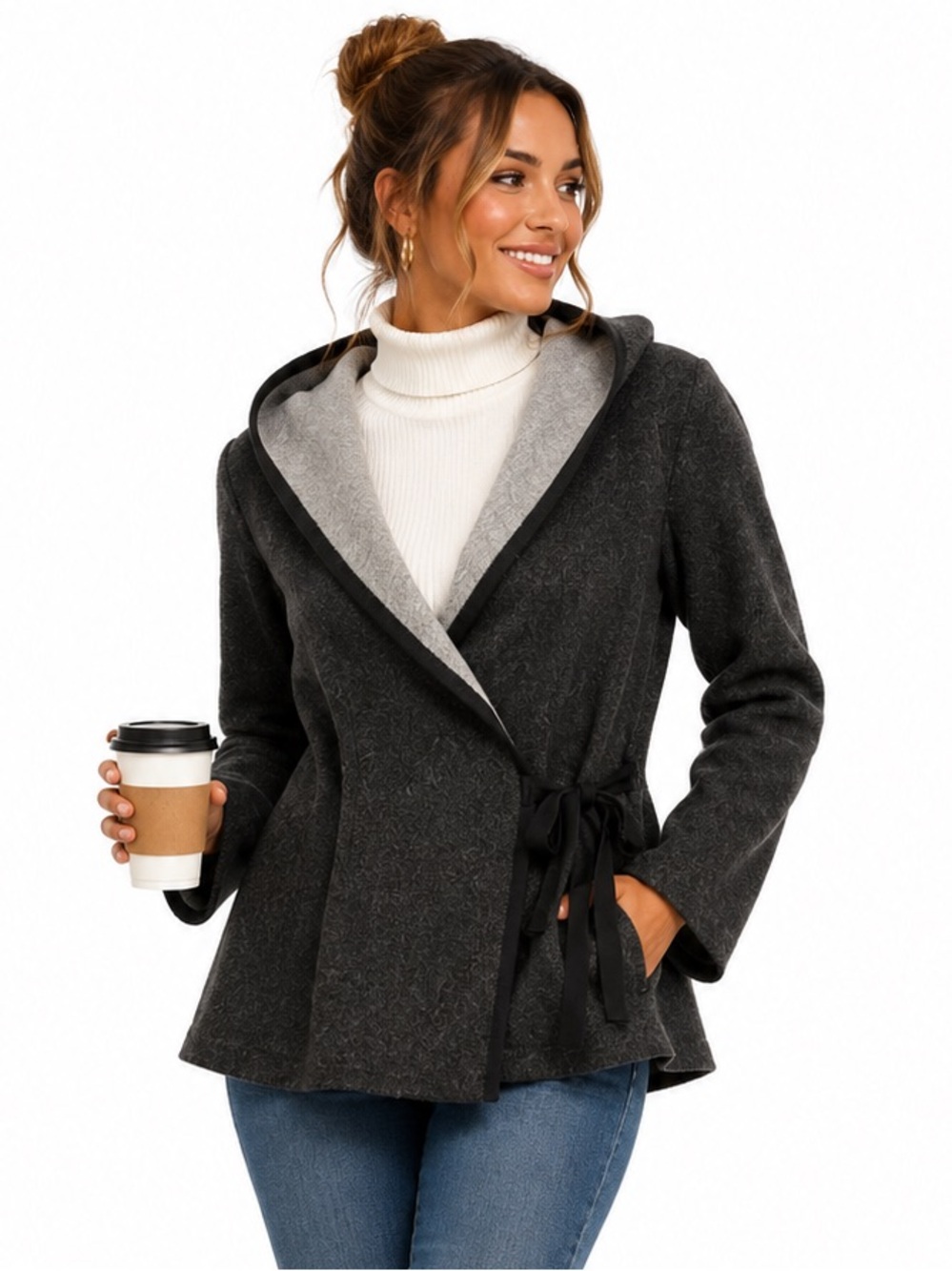 KÜHL 100% Merino Wool Wrap Sweater Jacket Grey Medium Side Tie Shawl Collar